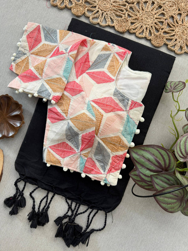 Black Khadi Cotton Saree With Embrodery Work Stitched Blouse