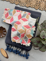 Grey Khadi Cotton Saree With Embrodery Work Stitched Blouse