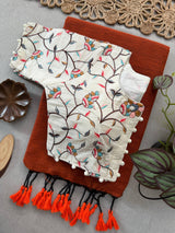 Burnt Orange Khadi Cotton Saree With Embrodery Work Stitched Blouse