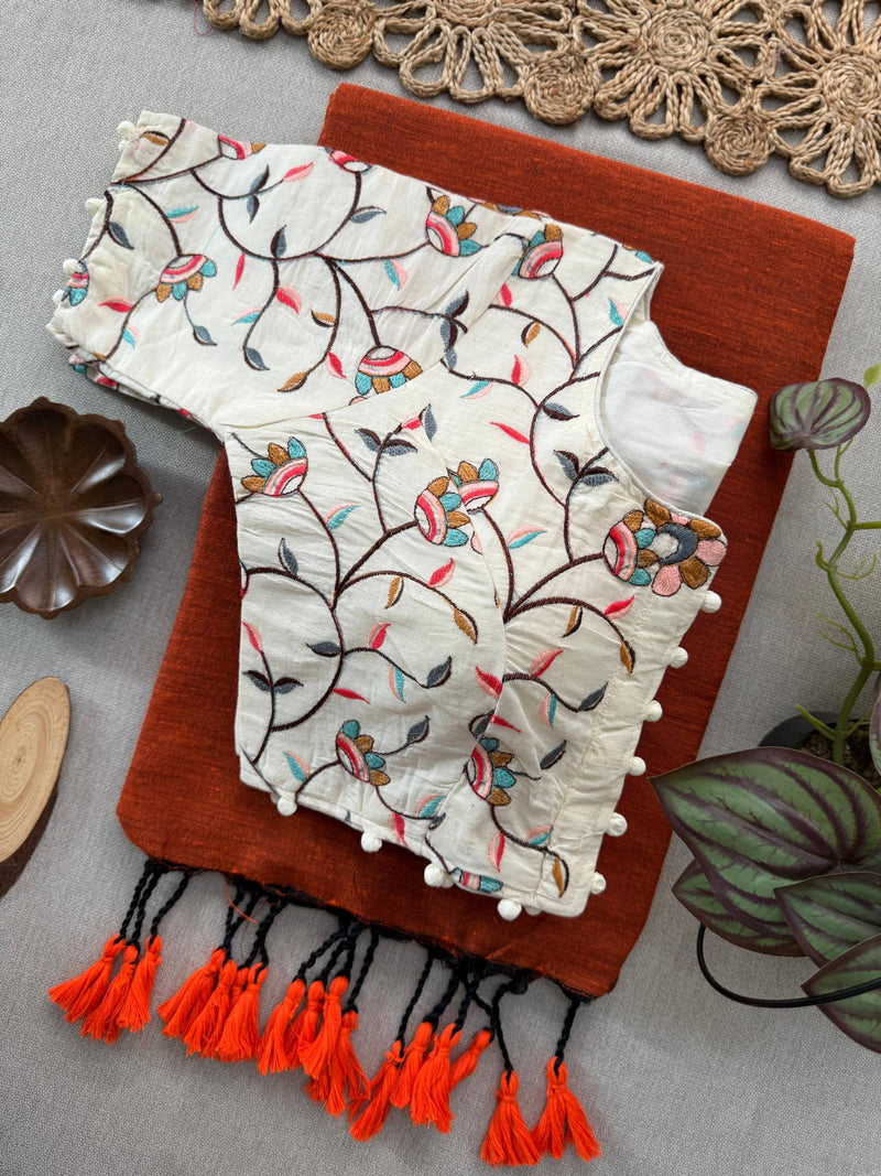 Burnt Orange Khadi Cotton Saree With Embrodery Work Stitched Blouse