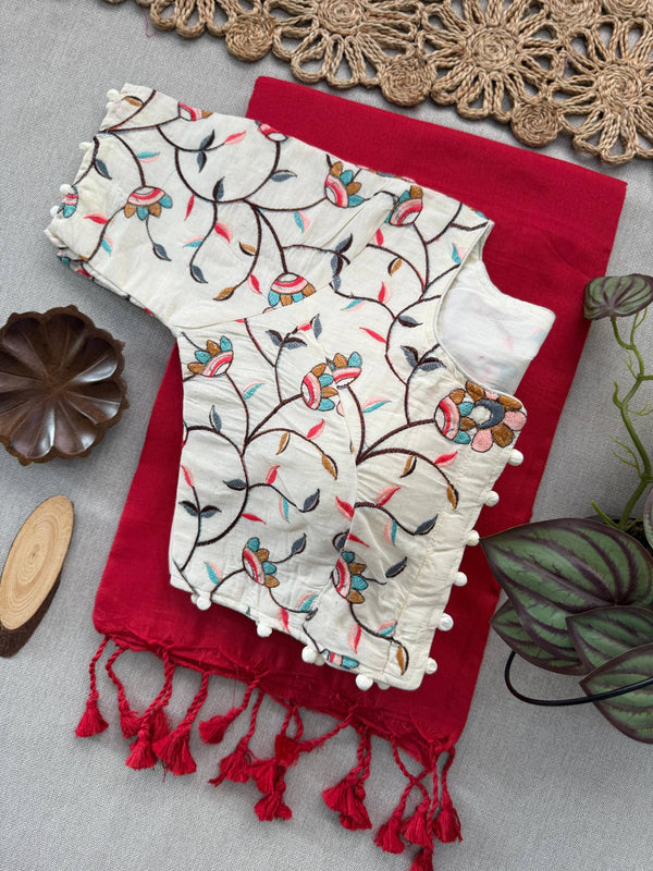 Red Khadi Cotton Saree With Embrodery Work Stitched Blouse