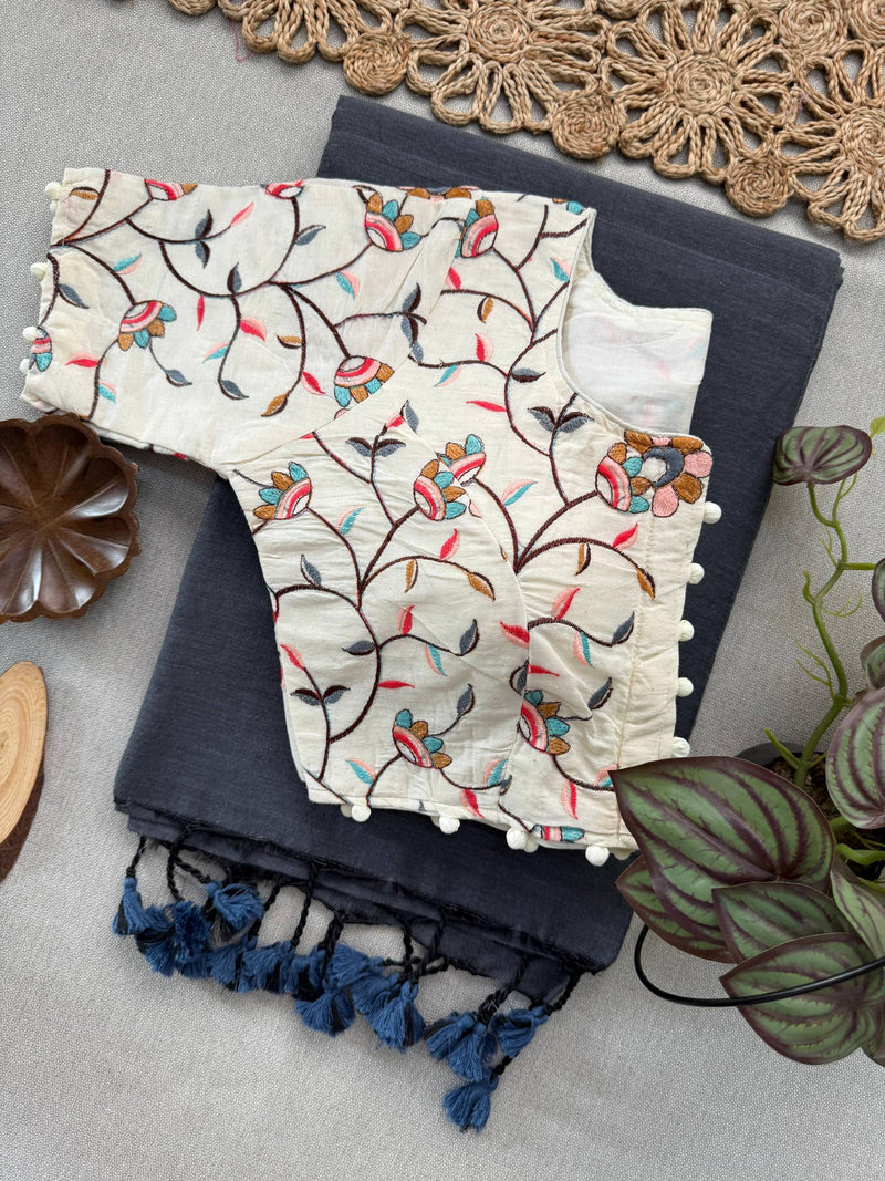 Grey Khadi Cotton Saree With Embrodery Work Stitched Blouse