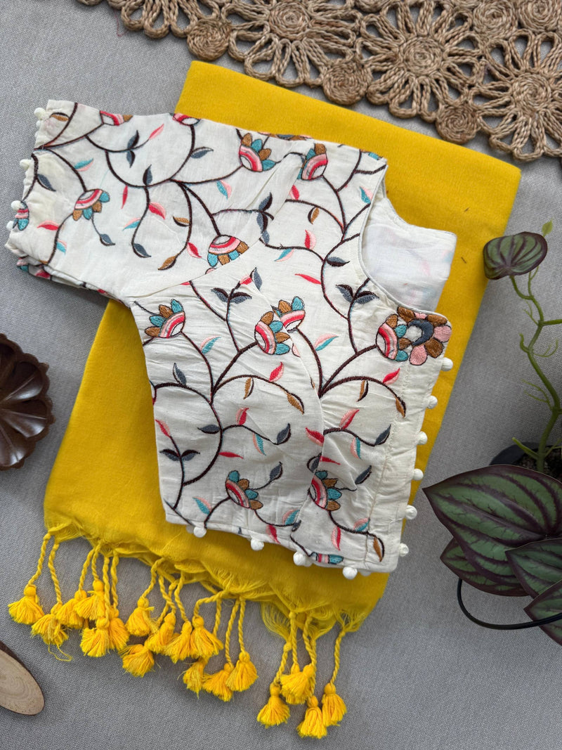 Yellow Khadi Cotton Saree With Embrodery Work Stitched Blouse