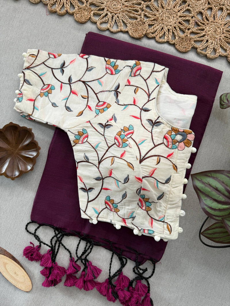 Wine Khadi Cotton Saree With Embrodery Work Stitched Blouse