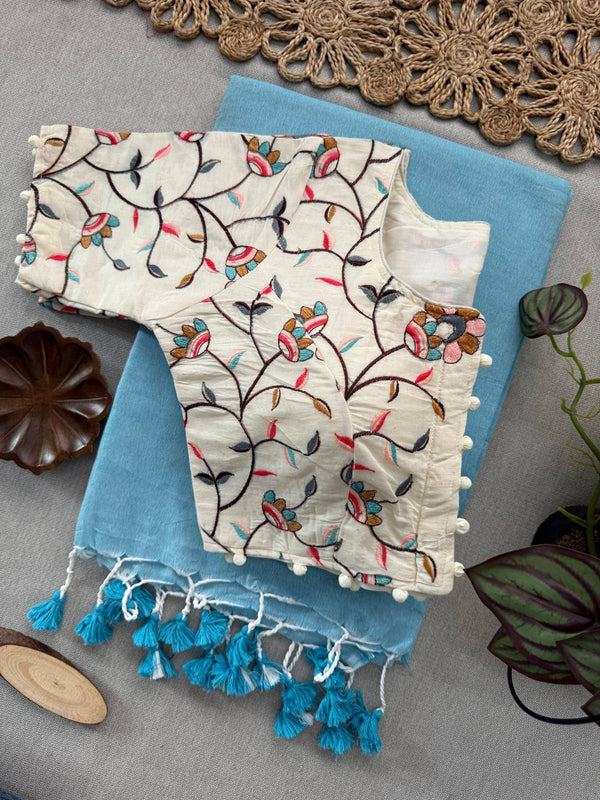 Sky Khadi Cotton Saree With Embrodery Work Stitched Blouse