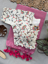 Baby PInk Khadi Cotton Saree With Embrodery Work Stitched Blouse