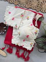Red Khadi Cotton Saree With Embrodery Work Stitched Blouse