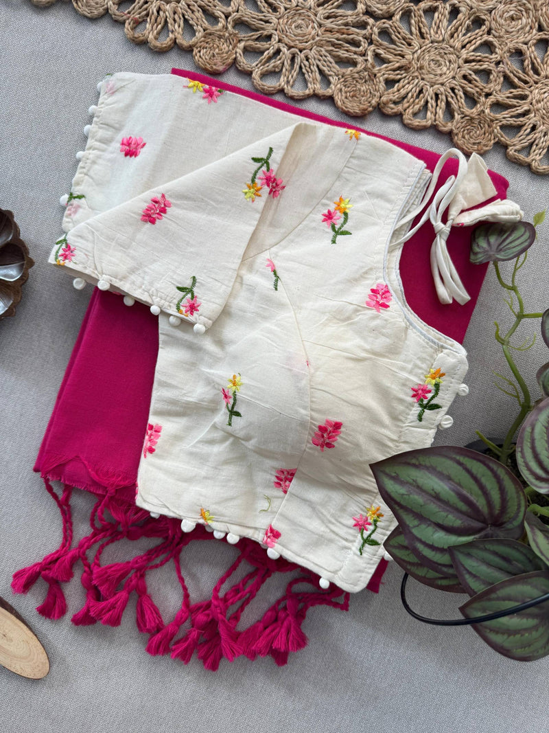 Pink Khadi Cotton Saree With Embrodery Work Stitched Blouse