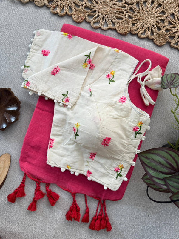 Baby Pink Khadi Cotton Saree With Embrodery Work Stitched Blouse