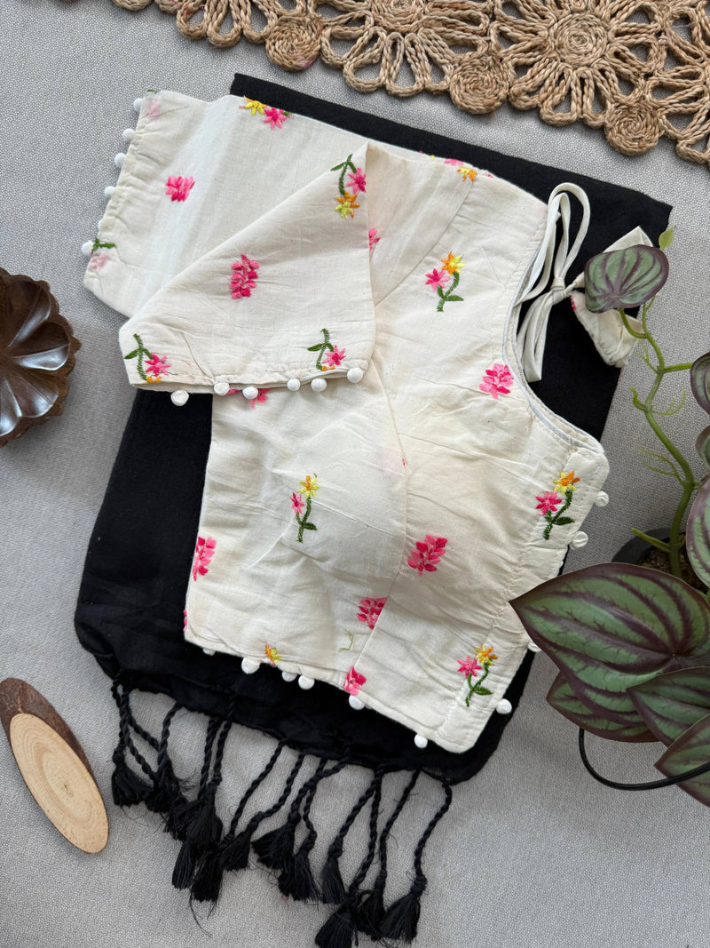 Black Khadi Cotton Saree With Embrodery Work Stitched Blouse