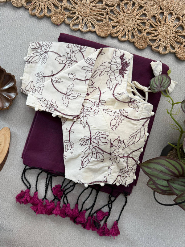 Wine Handloom Cotton Saree With Embrodery Work Stitched Blouse