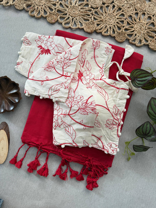 Red Handloom Cotton Saree With Embrodery Work Stitched Blouse