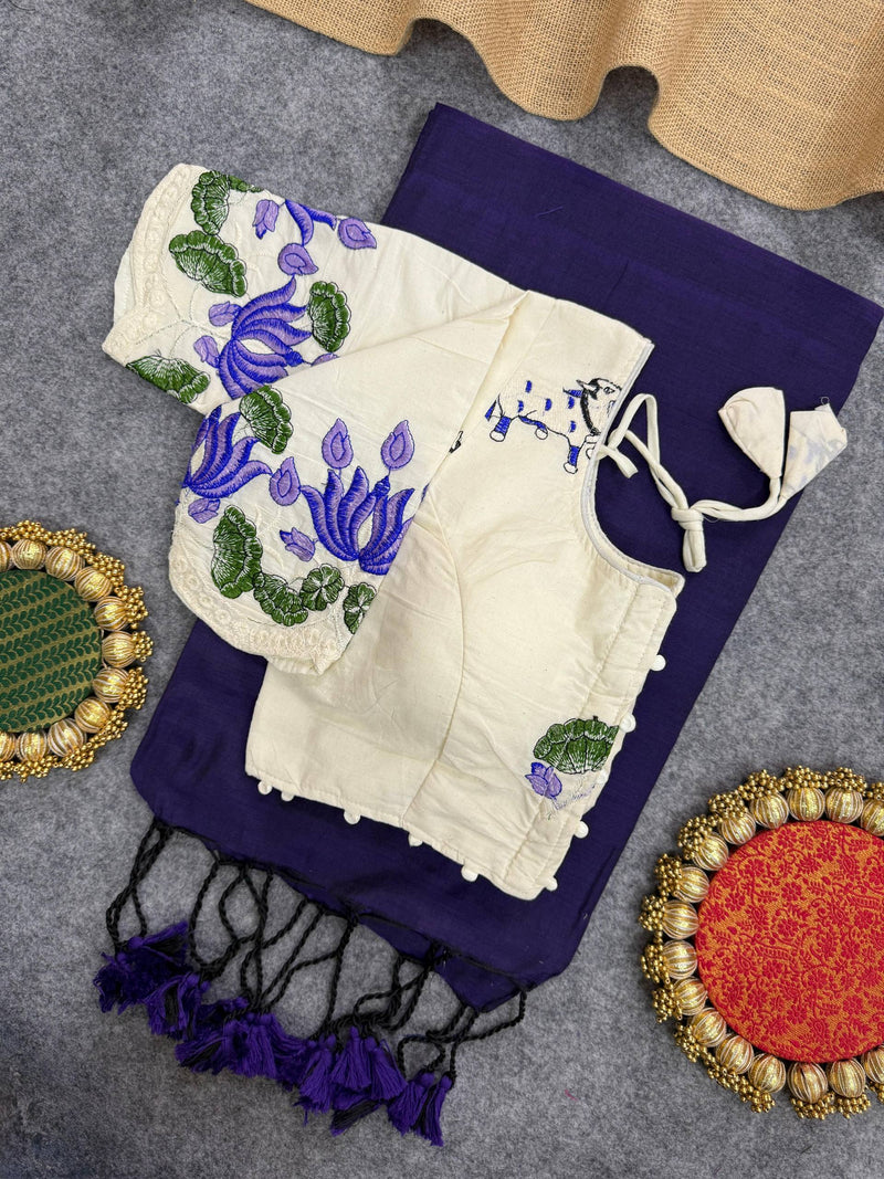 Navy Blue Handloom Cotton Saree With Embrodery Work Stitched Blouse