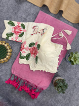 Baby Pink Handloom Cotton Saree With Embrodery Work Stitched Blouse