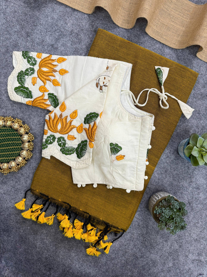 Golden Handloom Cotton Saree With Embrodery Work Stitched Blouse