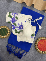 Blue Handloom Cotton Saree With Embrodery Work Stitched Blouse