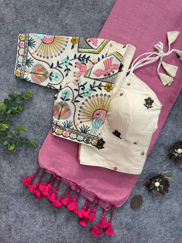 Light Pink Handloom Cotton Saree With Embrodery Work Stitched Blouse