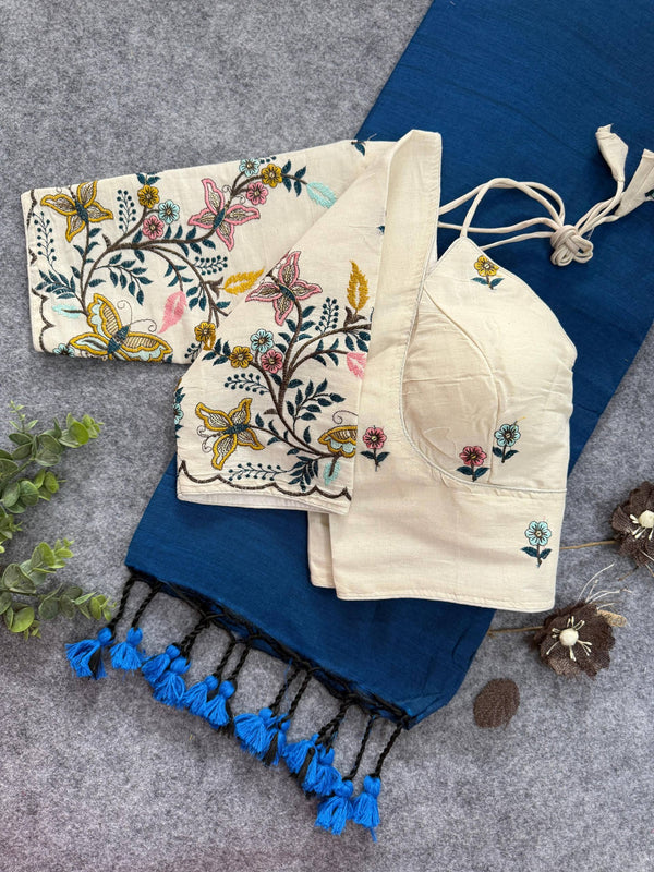 Firozi Handloom Cotton Saree With Embrodery Work Stitched Blouse