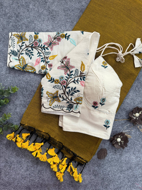 Golden Handloom Cotton Saree With Embrodery Work Stitched Blouse