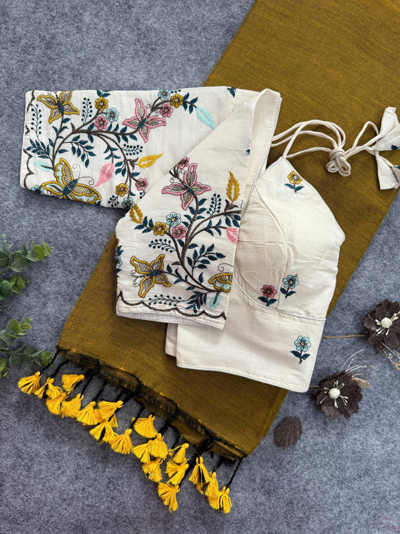 Golden Handloom Cotton Saree With Embrodery Work Stitched Blouse