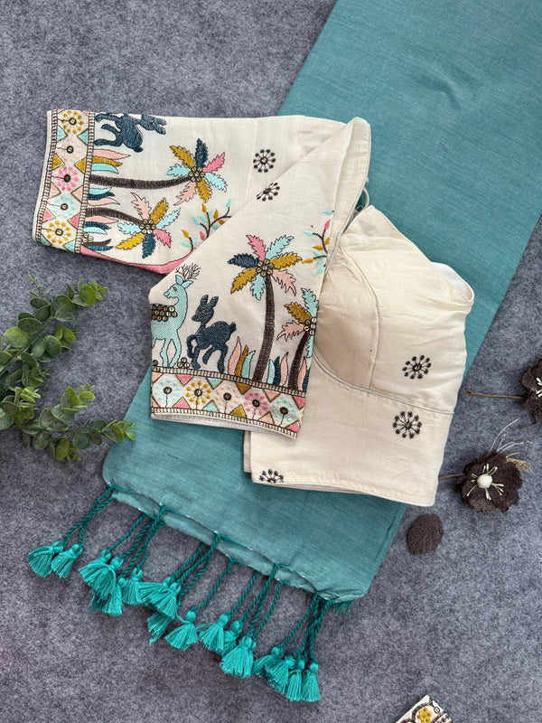 Sky Handloom Cotton Saree With Embrodery Work Stitched Blouse