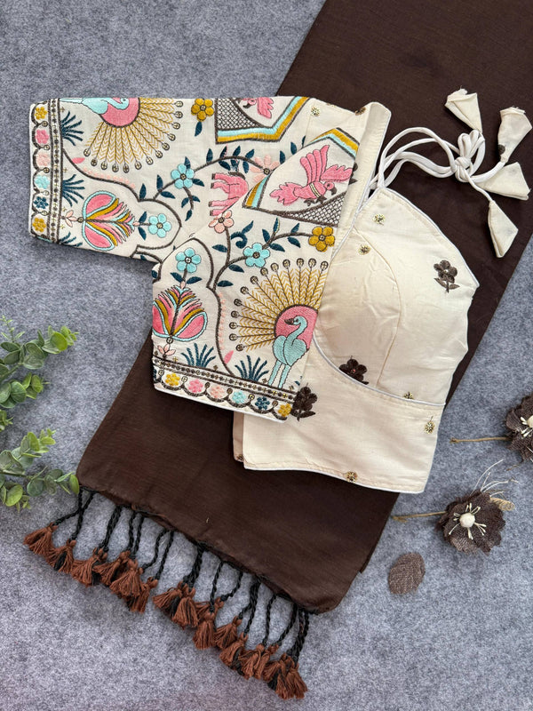 Maroon Handloom Cotton Saree With Embrodery Work Stitched Blouse