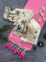 Baby Pink Handloom Cotton Saree With Embrodery Work Stitched Blous