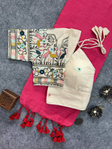 Gajri Handloom Cotton Saree With Embrodery Work Stitched Blouse