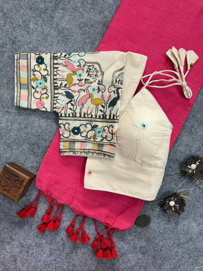 Gajri Handloom Cotton Saree With Embrodery Work Stitched Blouse