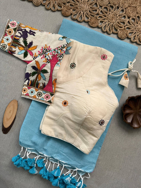 Vanika Sky Khadi Cotton Saree With Embrodery Work Stitched Blouse
