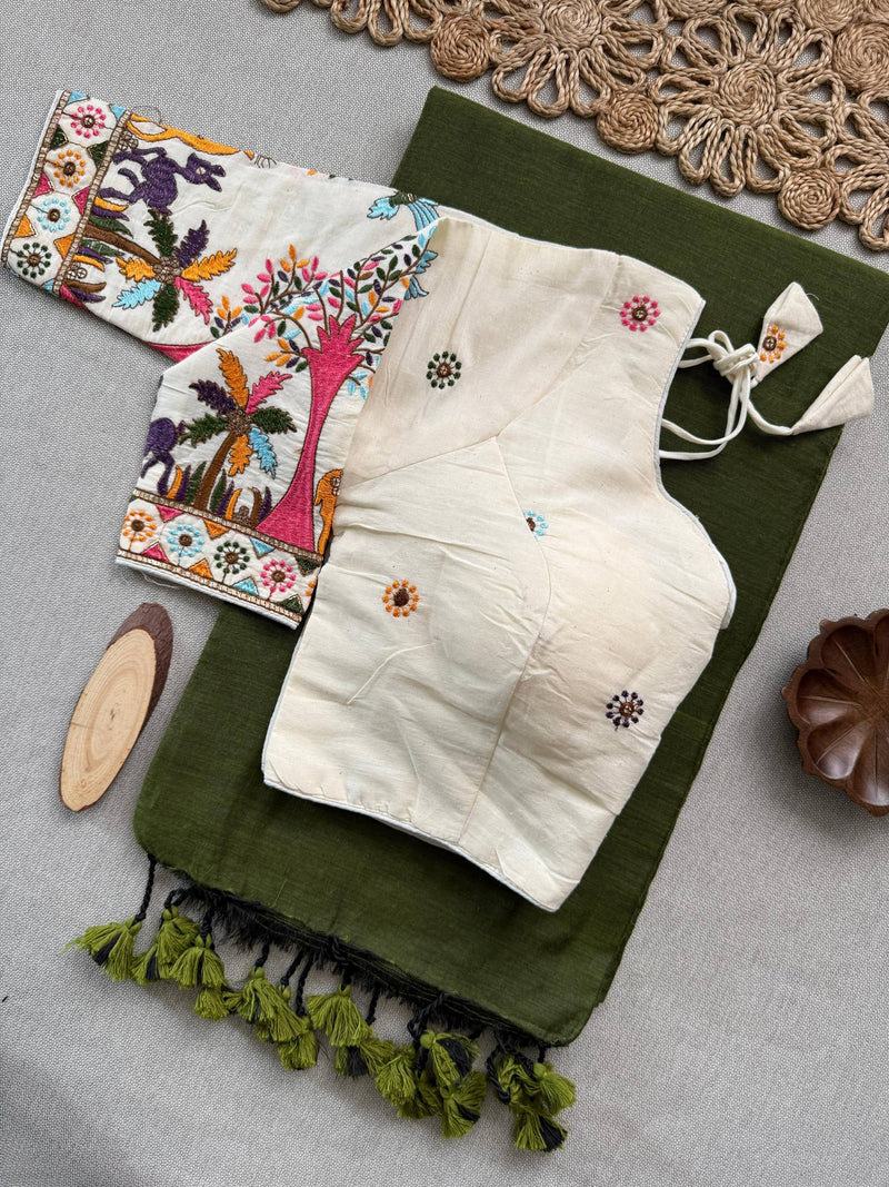 Vanika Green Cotton Saree With Embrodery Work Stitched Blouse