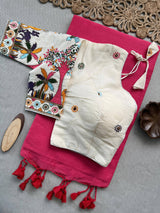 Vanika Pink Khadi Cotton Saree With Embrodery Work Stitched Blouse