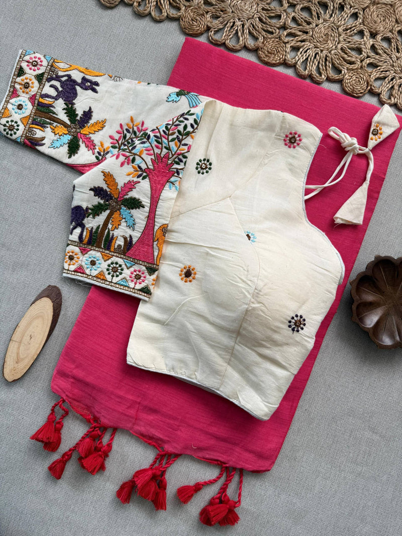 Vanika Pink Khadi Cotton Saree With Embrodery Work Stitched Blouse