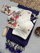 Vanika Navy Blue Khadi Cotton Saree With Embrodery Work Stitched Blouse