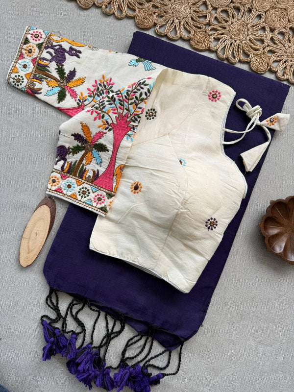 Vanika Navy Blue Khadi Cotton Saree With Embrodery Work Stitched Blouse