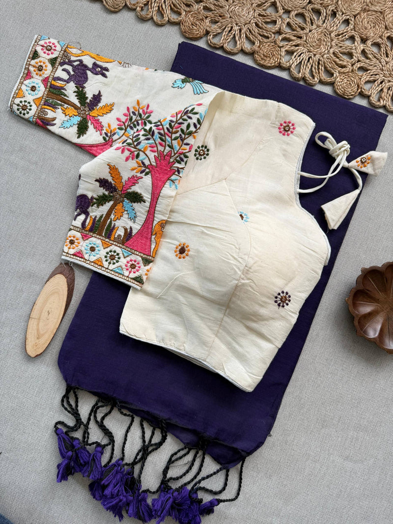 Vanika Navy Blue Khadi Cotton Saree With Embrodery Work Stitched Blouse