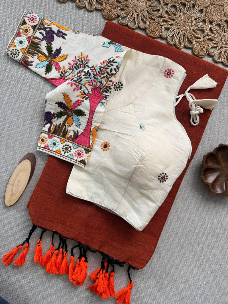 Vanika Orange Khadi Cotton Saree With Embrodery Work Stitched Blouse