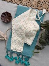 C Green Khadi Cotton Saree With Embrodery Work Stitched Blouse