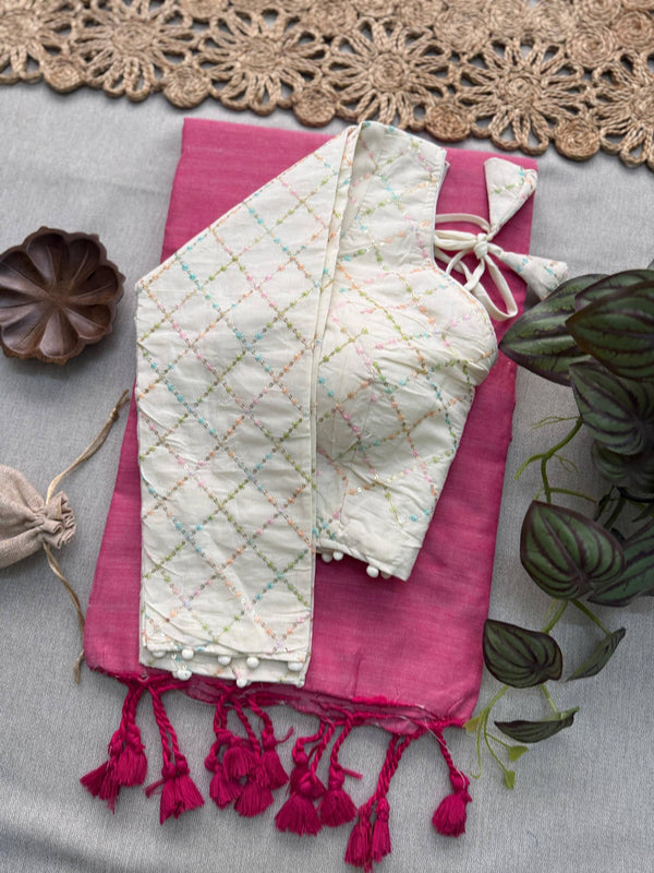 Light Pink Khadi Cotton Saree With Embrodery Work Stitched Blouse