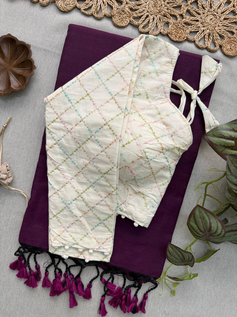 Wine Khadi Cotton Saree With Embrodery Work Stitched Blouse