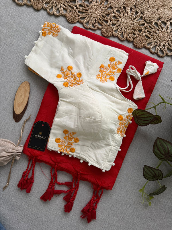 Red Khadi Cotton Saree With Embrodery Work Stitched Blouse