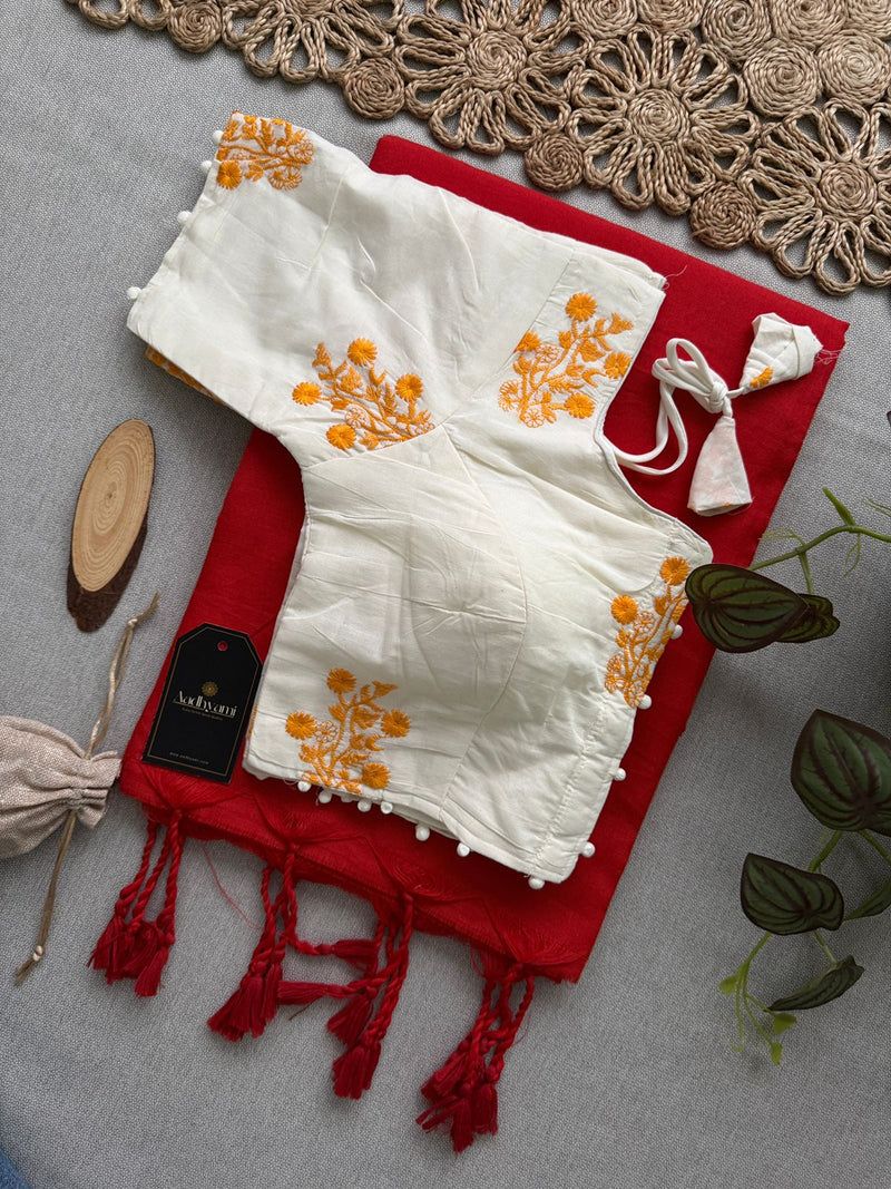 Red Khadi Cotton Saree With Embrodery Work Stitched Blouse