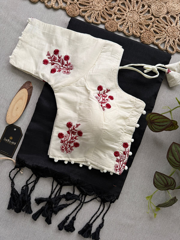 Black Khadi Cotton Saree With Embrodery Work Stitched Blouse