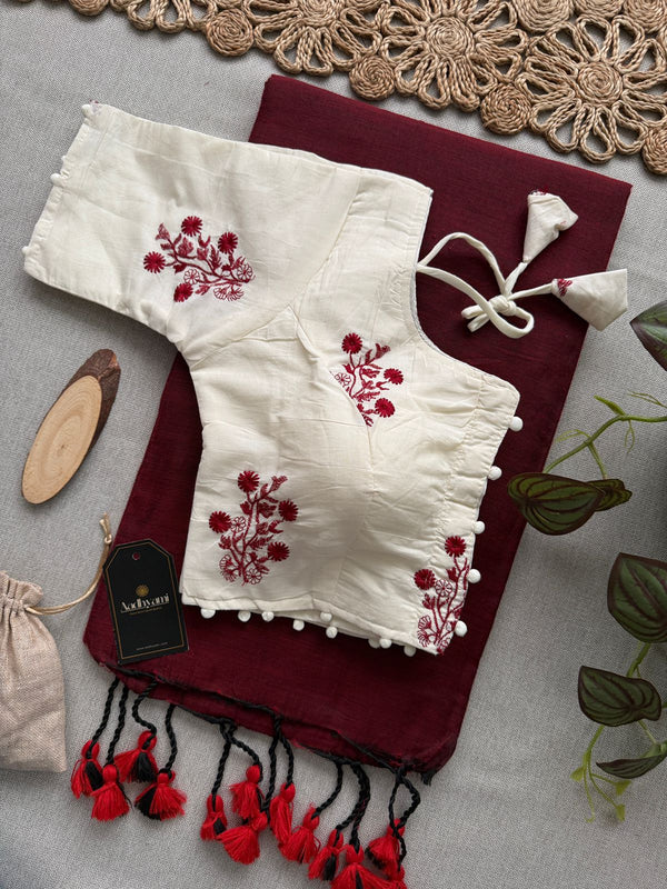 Maroon Khadi Cotton Saree With Embrodery Work Stitched Blouse