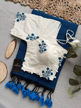 Firozi Khadi Cotton Saree With Embrodery Work Stitched Blouse