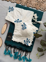 Green Khadi Cotton Saree With Embrodery Work Stitched Blouse