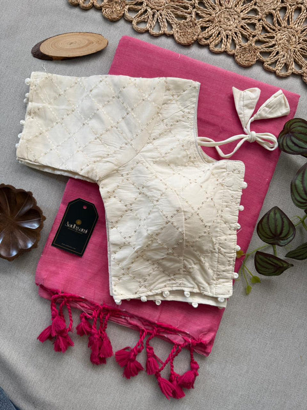 Baby Pink Khadi Cotton Saree With Embrodery Work Stitched Blouse