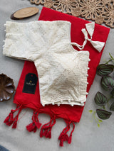 Red Khadi Cotton Saree With Embrodery Work Stitched Blouse