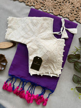 Purple Khadi Cotton Saree With Embrodery Work Stitched Blouse