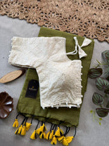 Mehndi Khadi Cotton Saree With Embrodery Work Stitched Blouse